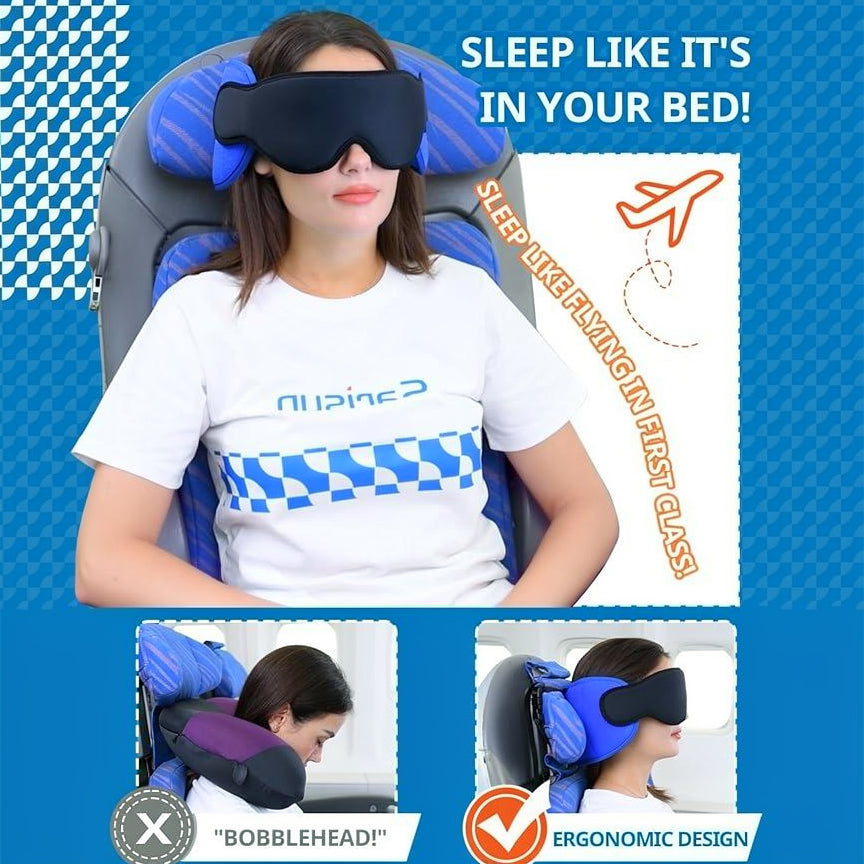 Ultimate travel comfort: memory foam neck pillow set, 360° support, with head strap & blackout eye mask.