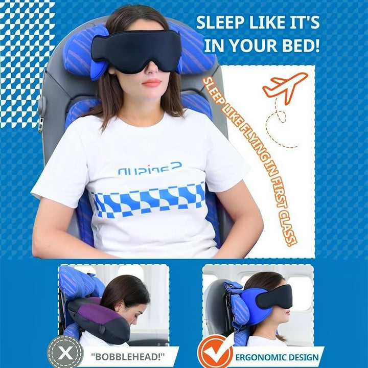 Ultimate travel comfort: memory foam neck pillow set, 360° support, with head strap & blackout eye mask.