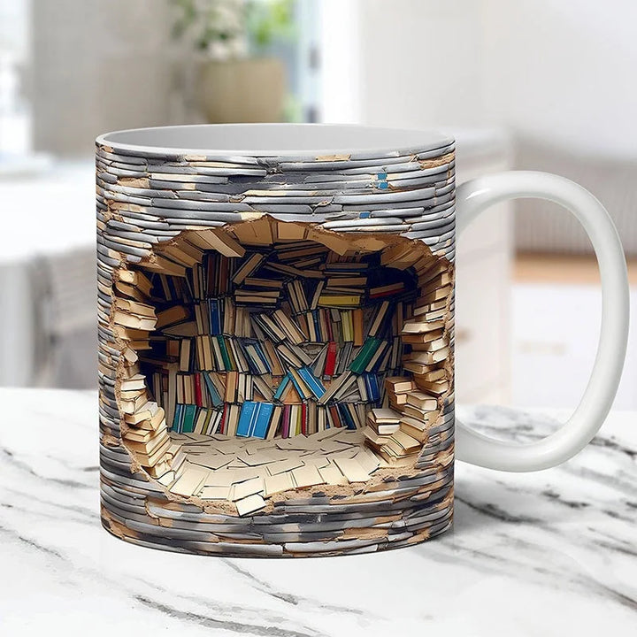 Stylish coffee mug with a 3D bookshelf design, a must-have for book lovers. Perfect for your favorite tea or coffee.