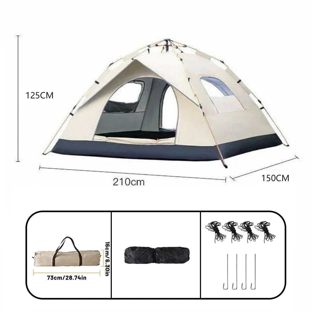 Unisex 4-person pop-up tent setup in a forest, highlighting its waterproof fabric and portability.