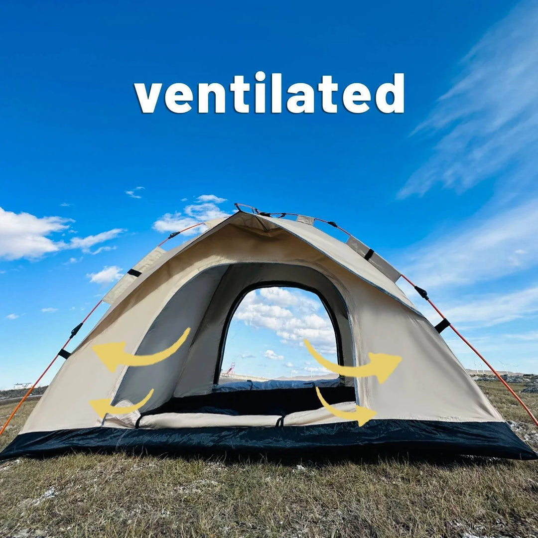 Green pop-up camping tent for 4, showcasing its easy setup and waterproof features in a field.