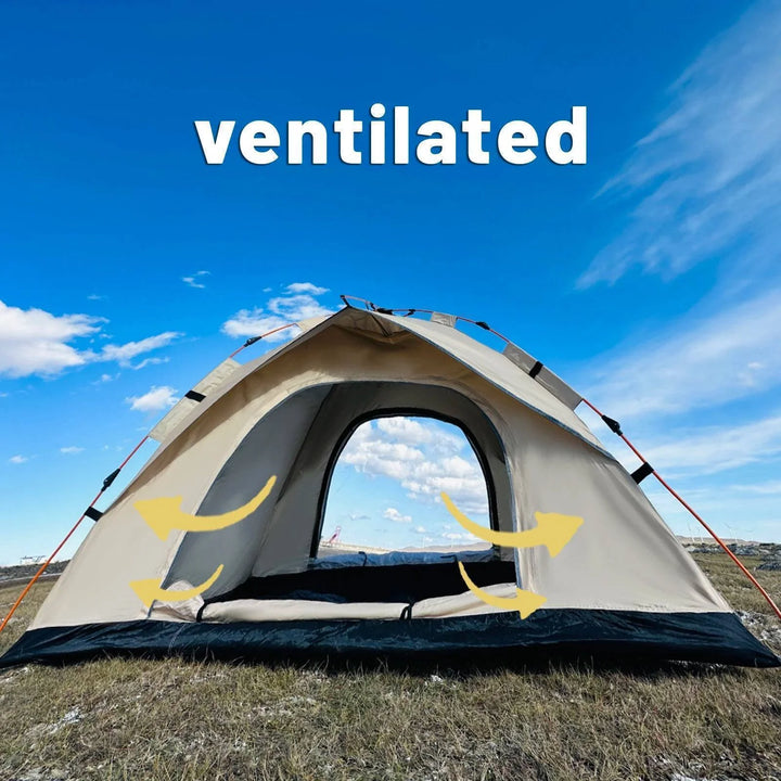 Green pop-up camping tent for 4, showcasing its easy setup and waterproof features in a field.