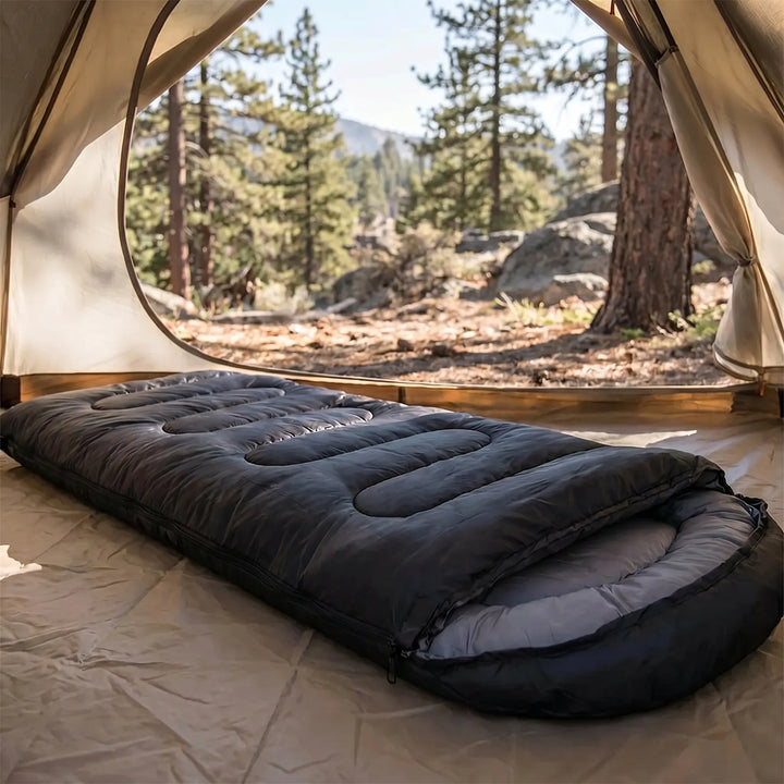 Unisex 4-season mummy envelope sleeping bag for camping, hiking, and cold weather outdoor adventures. Essential gear.
