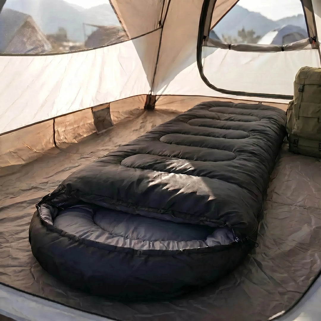 Versatile unisex 4-season mummy envelope sleeping bag for camping, hiking, and diverse outdoor adventures.