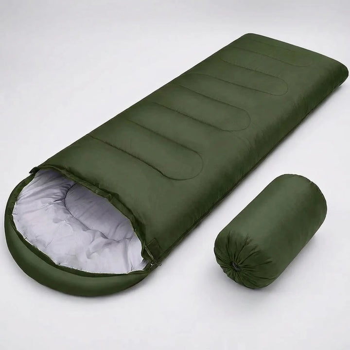 Warm 4-season mummy envelope sleeping bag, providing comfort for unisex campers & hikers in cold weather conditions.