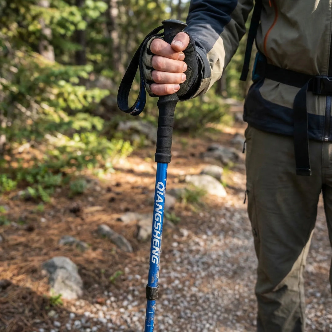 Unisex 4-section folding trekking pole, adjustable & lightweight for hiking and trail support.