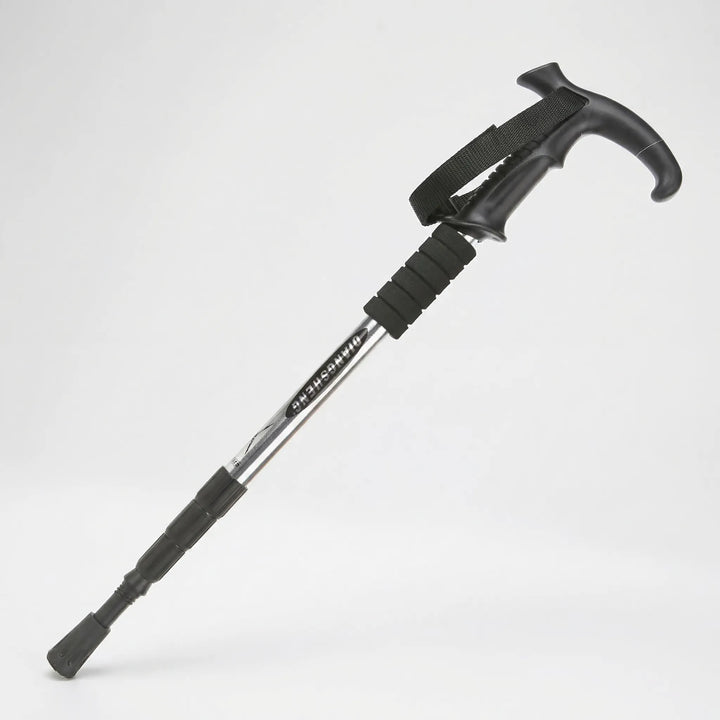 Folded 4-section trekking pole, compact and lightweight, perfect for travel, camping, and hiking adventures.