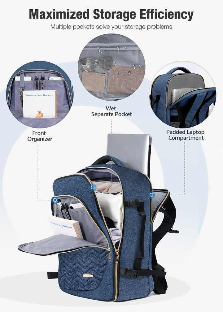 Airline-approved 40L carry on travel backpack. Smart design for weekend trips & organized packing.