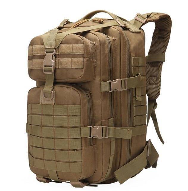 Side view of a 40L tactical bug out bag, featuring multiple compartments for organized survival gear