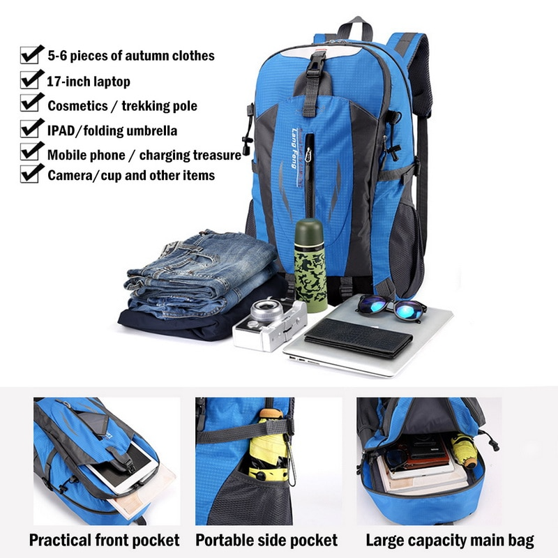 Durable 40L waterproof hiking backpack, showing mesh side pockets for bottles