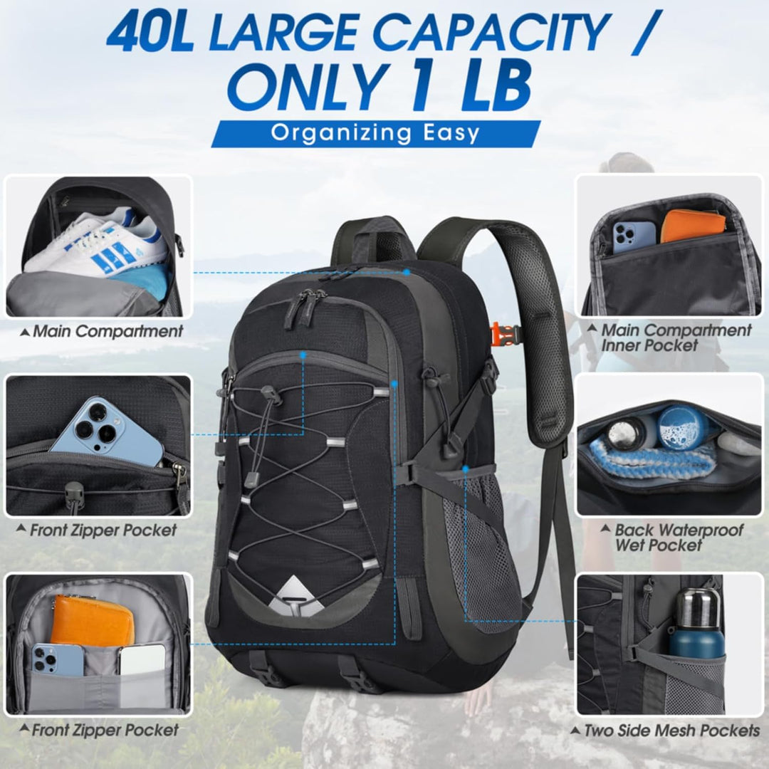 Lightweight 40L waterproof camping backpack, ideal travel bag for men & women, outdoor gear.