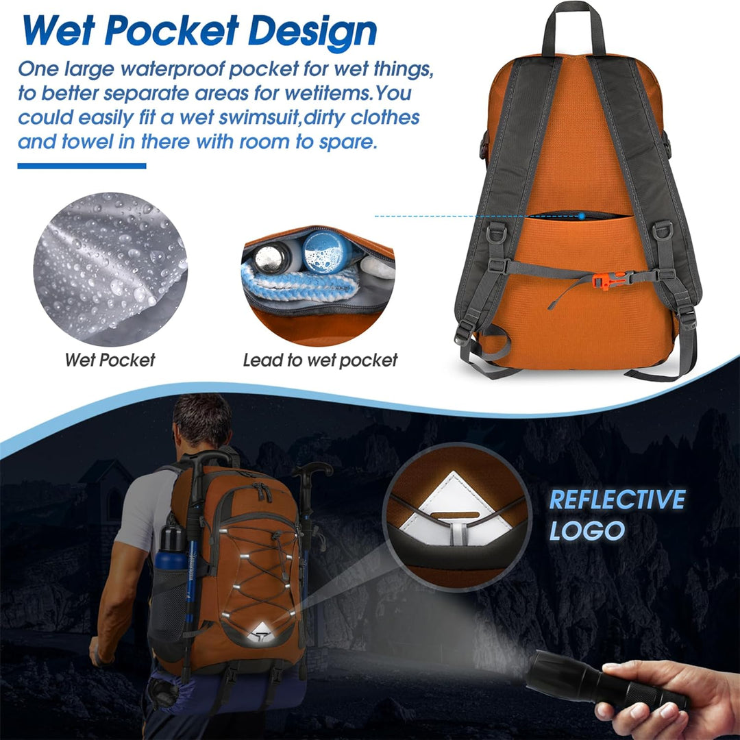 Waterproof 40L camping backpack with ergonomic design, comfortable for long hikes.