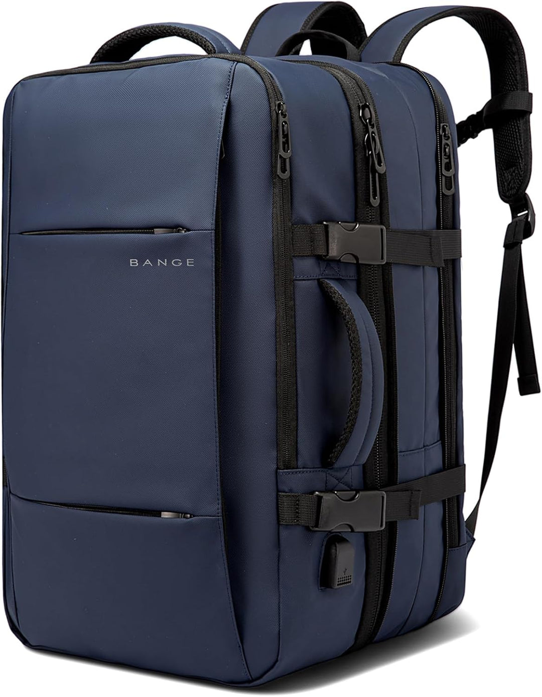Men's 45L travel backpack, expandable design, carry-on approved, with laptop sleeve.