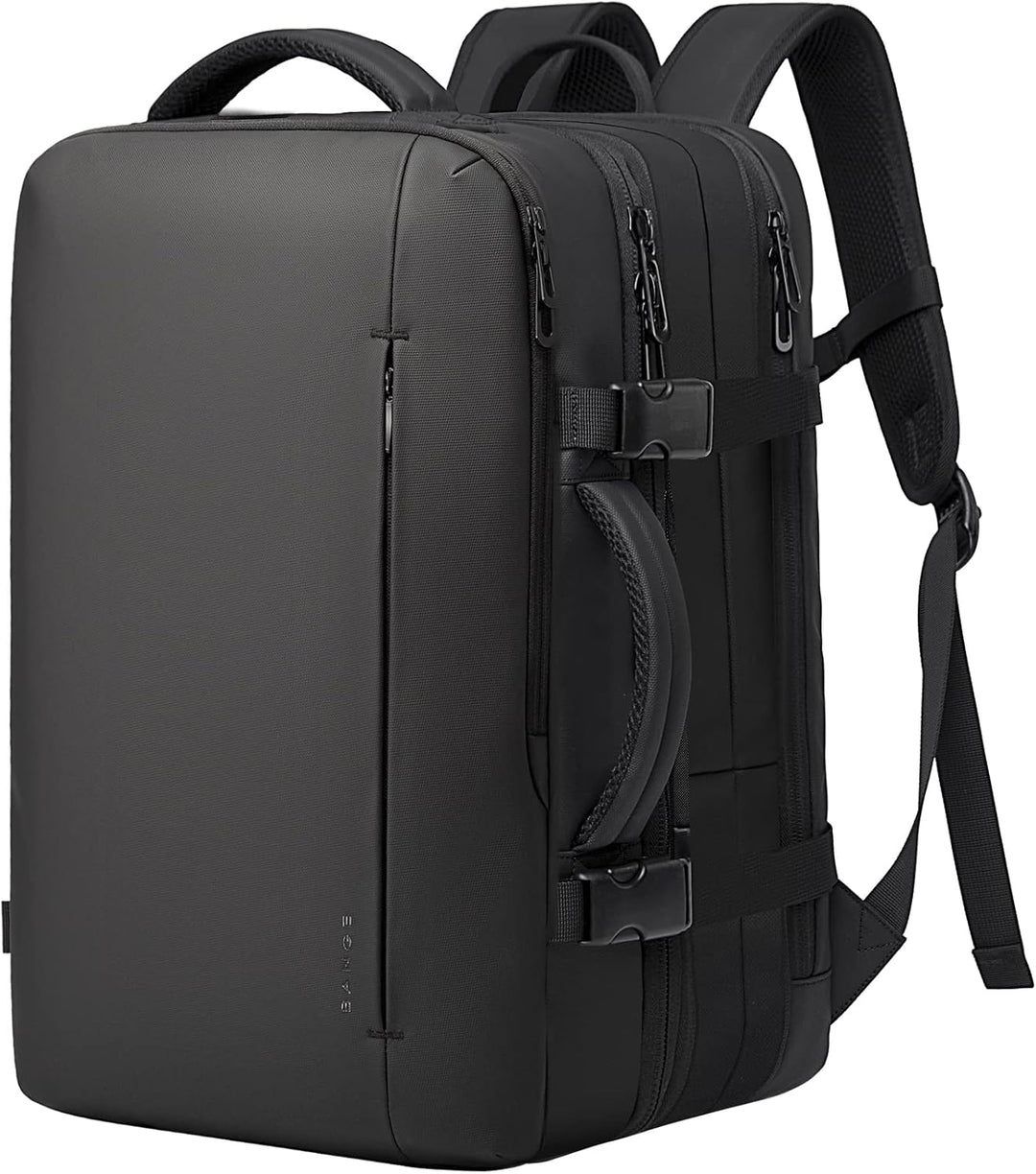 Expandable laptop travel backpack 45L, multi-purpose for business or leisure journeys.