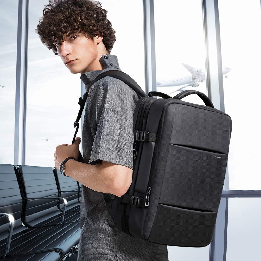Unisex 45L travel backpack for flights, expandable capacity, fits overhead or under seat.