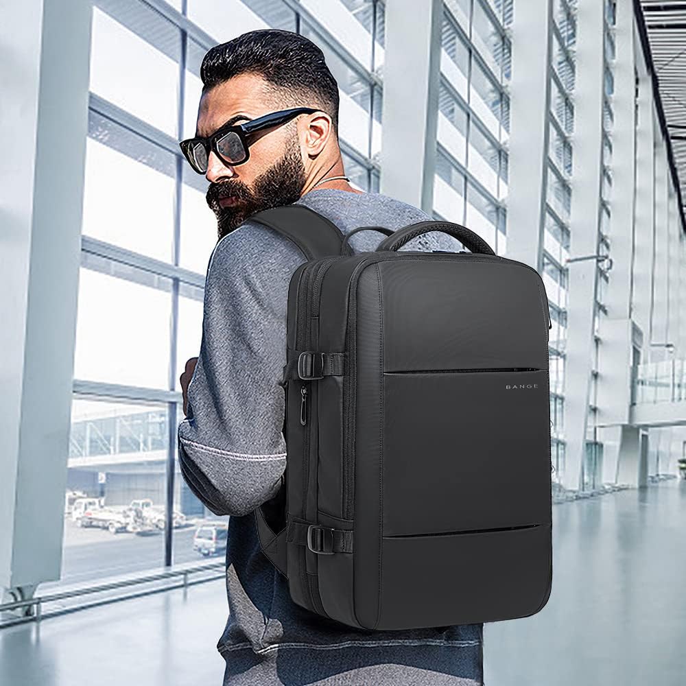 Black 45L travel backpack, expandable, with padded laptop sleeve, ideal for digital nomads.