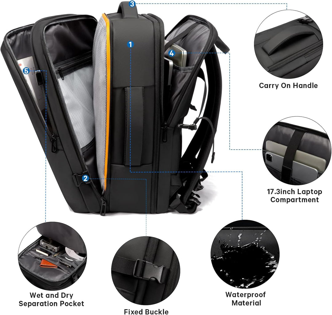 Expandable carry-on 45L backpack, lightweight yet durable for international travel.