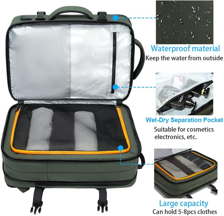 Expandable 45L travel backpack, carry-on compliant, perfect for organized packing.