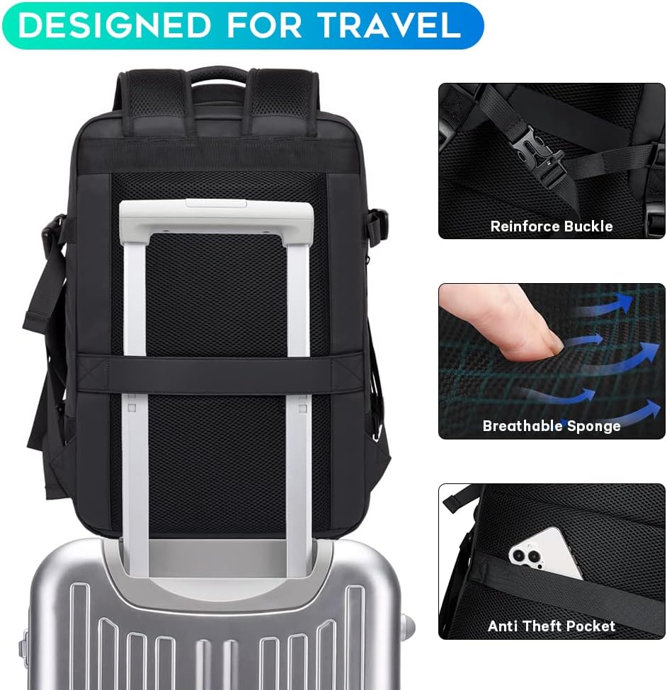 Black expandable travel backpack 45L, carry-on size with padded laptop compartment.