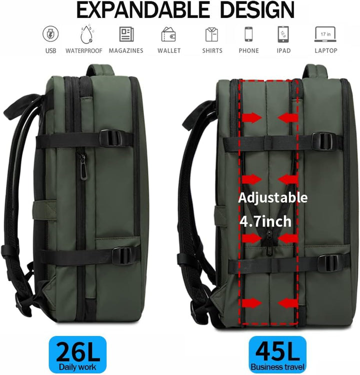 Anti-theft travel backpack 45L, secure zippers & hidden pockets for valuables.