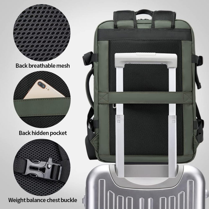Unisex travel backpack 45L, ergonomic design for comfortable carrying, laptop sleeve.