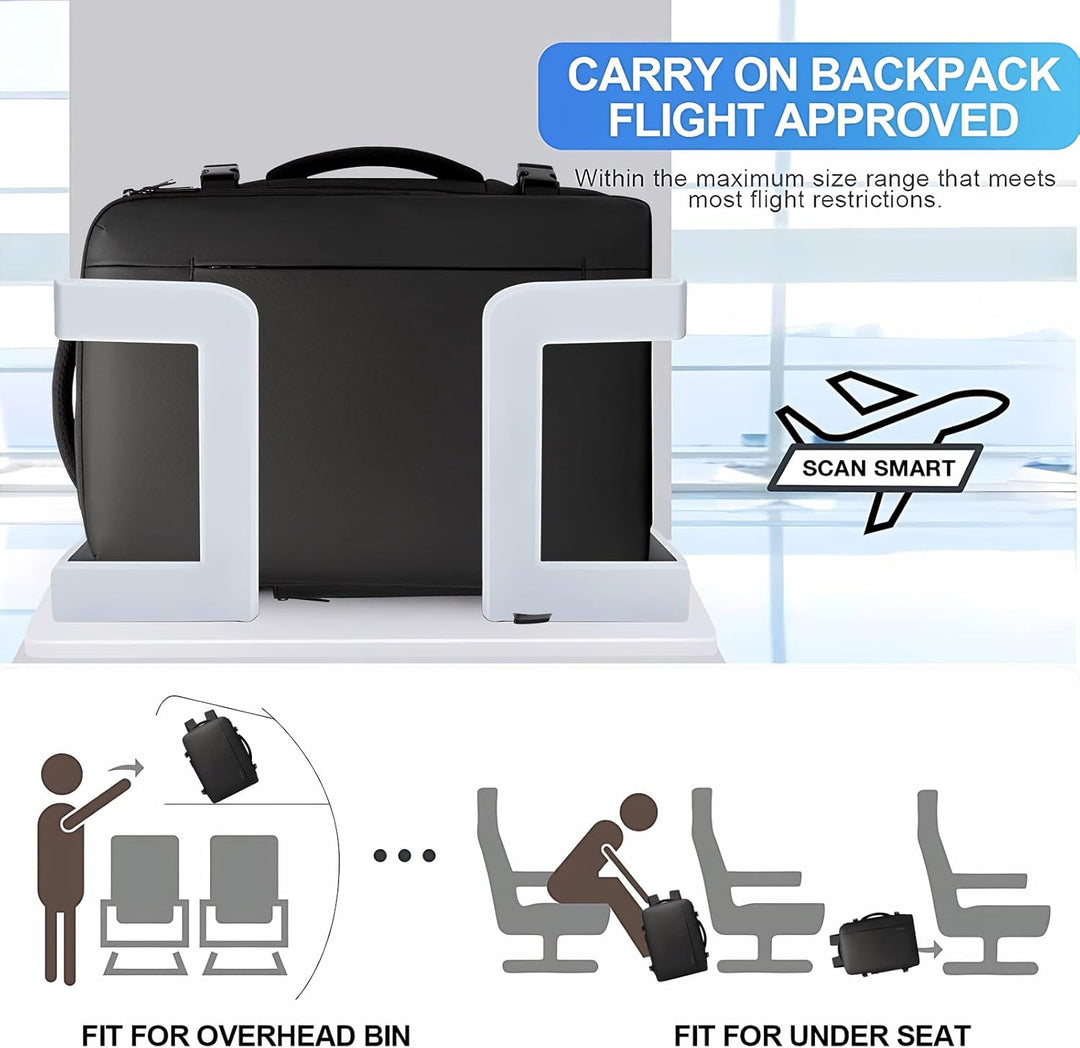 Carry-on size 45L travel backpack, efficient packing system, ideal for air travel.