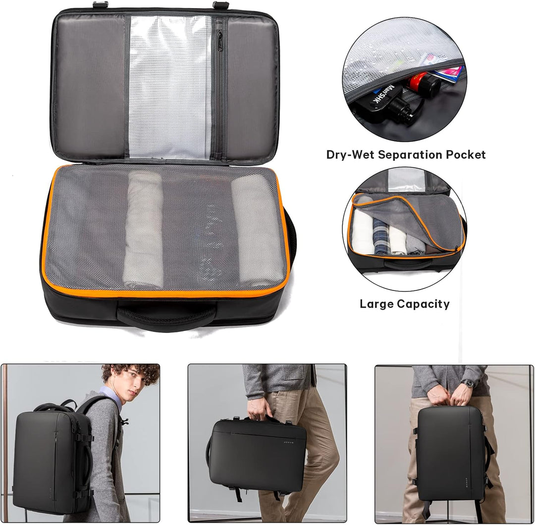 Laptop friendly 45L travel backpack, padded sleeve, perfect for professionals on the go.