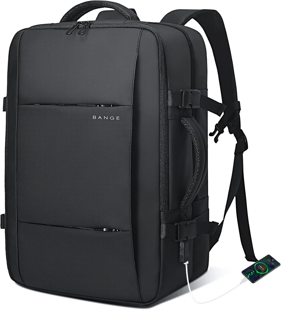 Expandable 45L travel backpack, sleek design, ideal for modern urban exploration.
