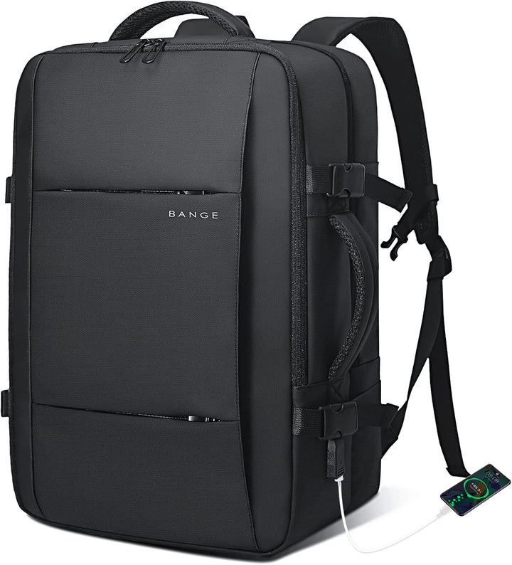 Expandable 45L travel backpack, sleek design, ideal for modern urban exploration.