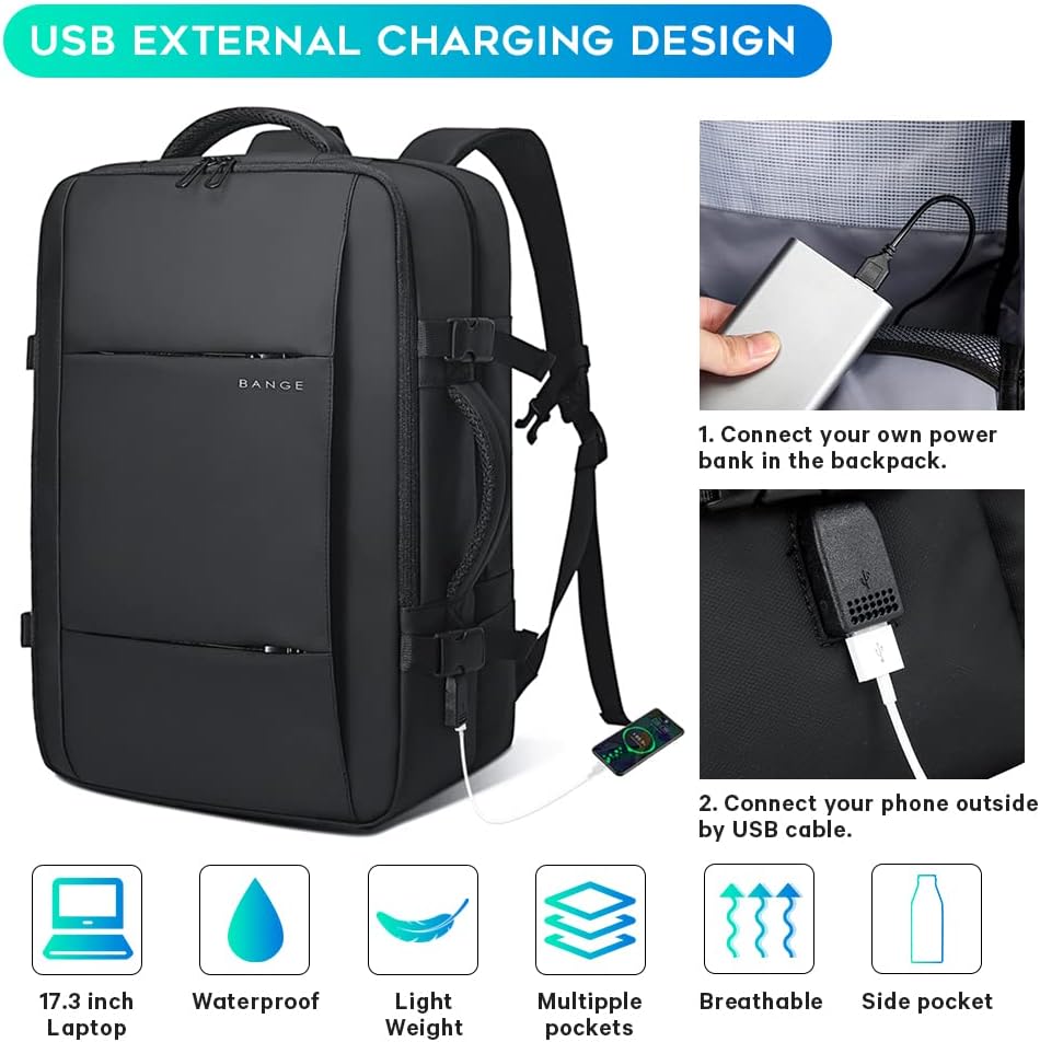 Organized 45L travel backpack, internal compression straps, keeps items secure.