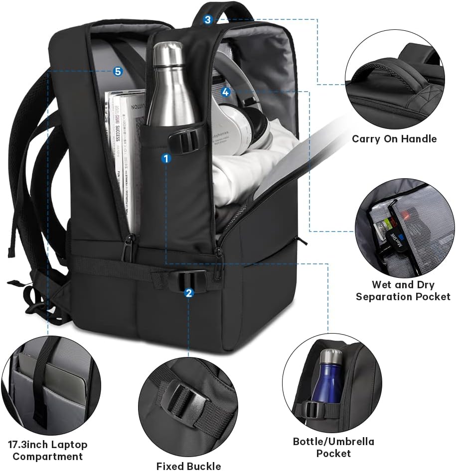 Unisex 45L travel backpack, suitable for men's & women's travel, with laptop protection.