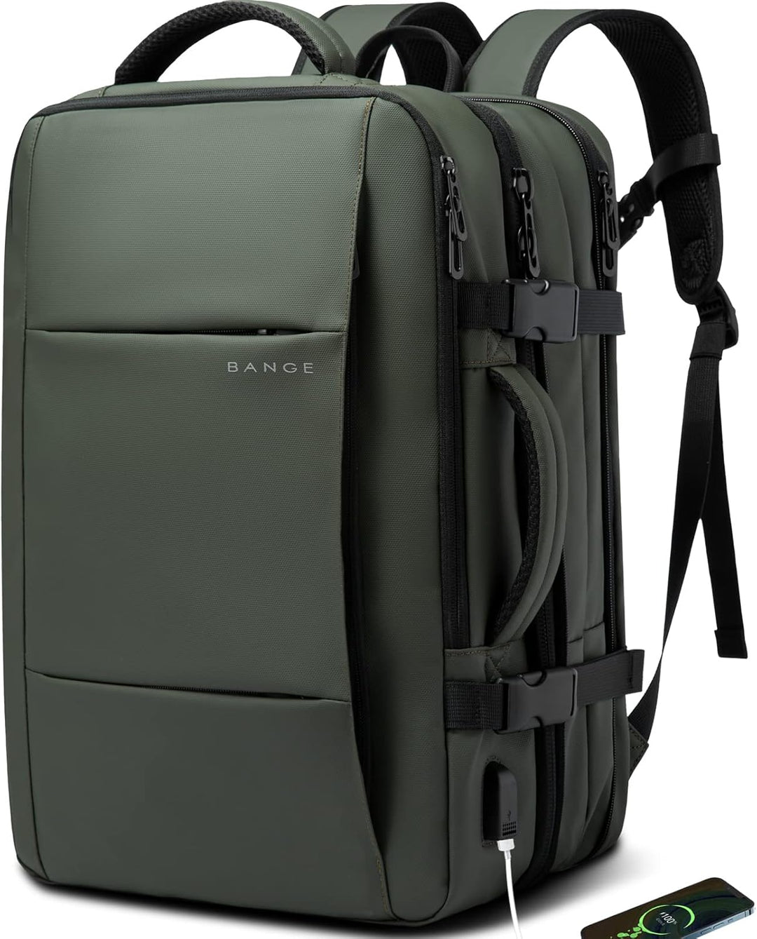 Expandable carry-on backpack 45L, waterproof fabric, perfect for short trips and commuting.
