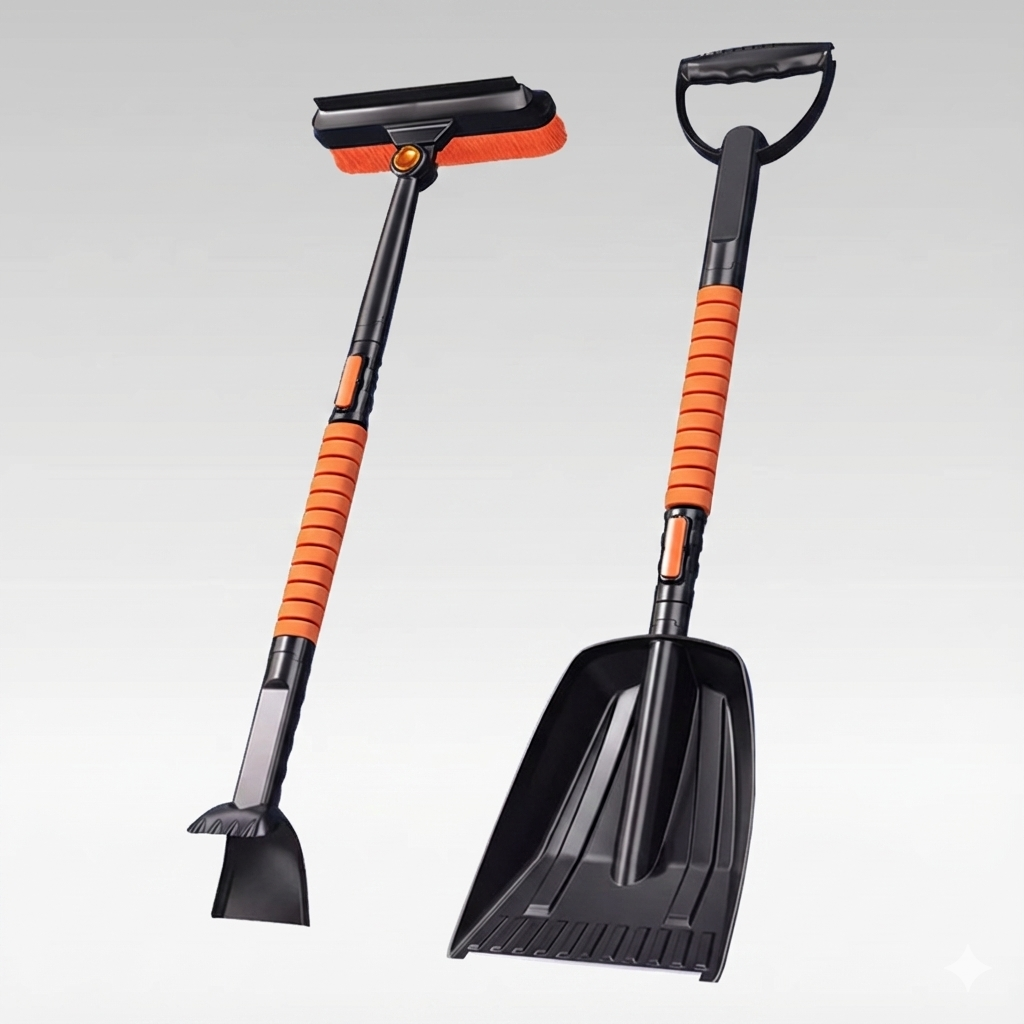 Unisex 5-in-1 car snow shovel and ice scraper for quick auto snow removal and frost removal.
