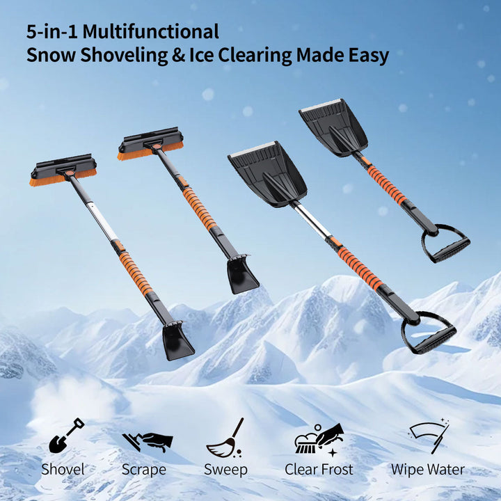 Adjustable telescopic 5-in-1 car snow shovel and ice scraper, a winter car tool essential.