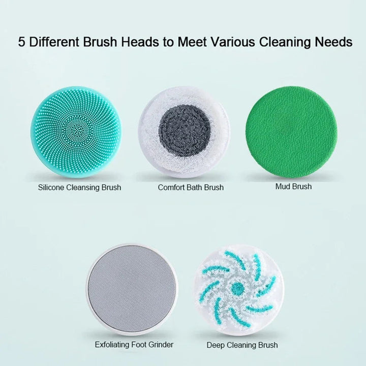 Waterproof 5-in-1 electric cleansing tool with long handle. Ideal back scrubber & body exfoliator for all skin types.