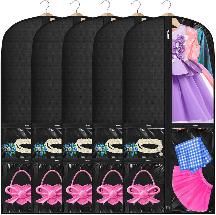 Unisex 5-pack PEVA garment bags with clear pockets & fold loop for costume & dance storage.