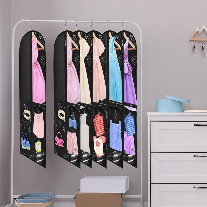 Clear garment bags, 5-pack, for protecting costumes, dancewear, & outfits during travel or storage.