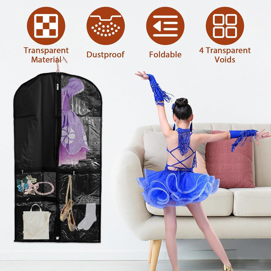 5-pack costume garment bags with clear ID pockets & sturdy fold loop for easy dance outfit organization.