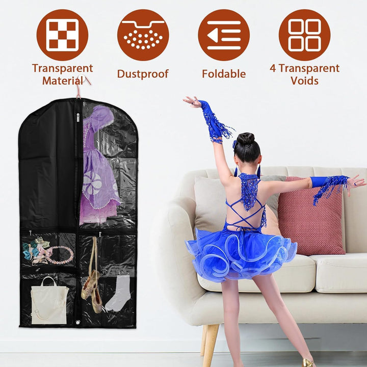 5-pack costume garment bags with clear ID pockets & sturdy fold loop for easy dance outfit organization.