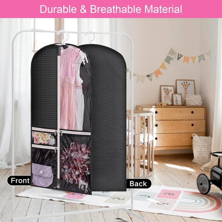 Durable PEVA garment bags (5-pack) for breathable costume storage, featuring clear pocket & fold loop.