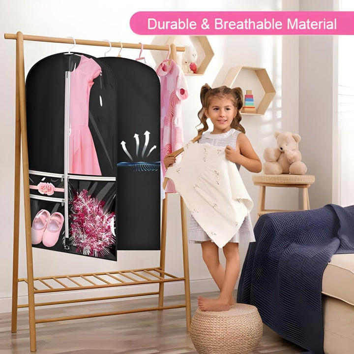 Unisex travel organizer: 5 clear garment bags with fold loop, perfect for costumes, dance, & outfit protection.