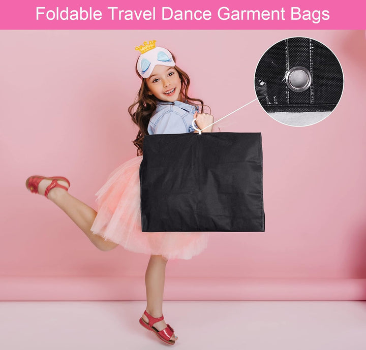 See-through garment bags (5-pack) with clear pockets & fold loop, simplifying costume & dancewear access.