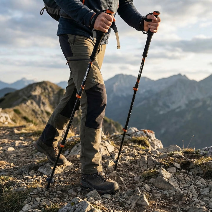 Unisex 5-section folding trekking pole for hiking, lightweight & compact aluminum alloy design.