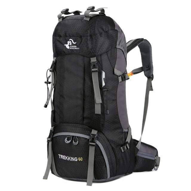 Back panel of 60L hiking rucksack, featuring breathable mesh and adjustable straps.