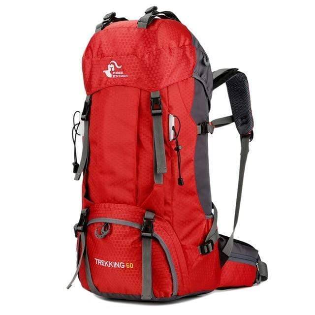 Front view of 50L adventure backpack, with daisy chains for attaching extra gear.