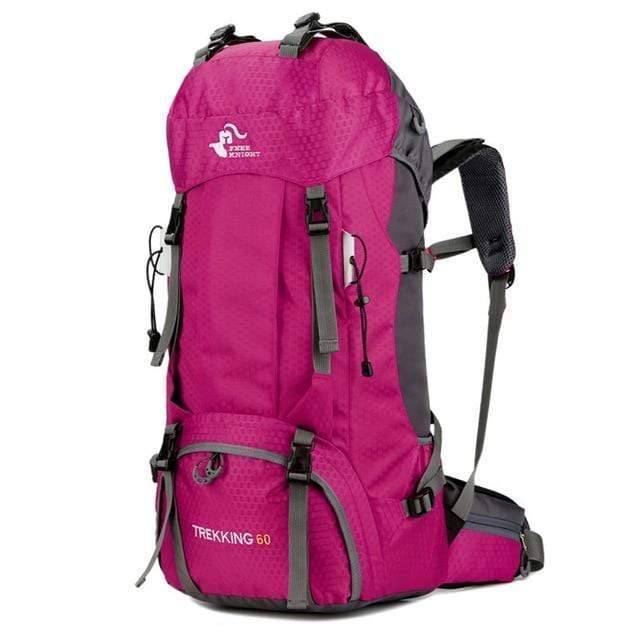 Detail of 60L climbing bag buckle and strap system, showing secure closure.
