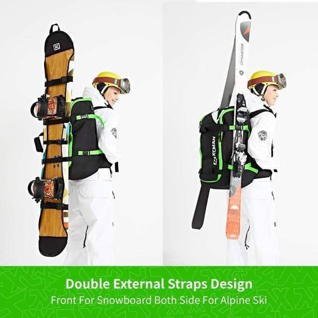 Black 50L unisex travel backpack designed for skis and snowboards, durable polyester for winter sports travel.