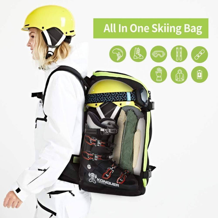 Unisex 50L ski snowboard travel backpack, black, with USB port, side view, durable outdoor gear.
