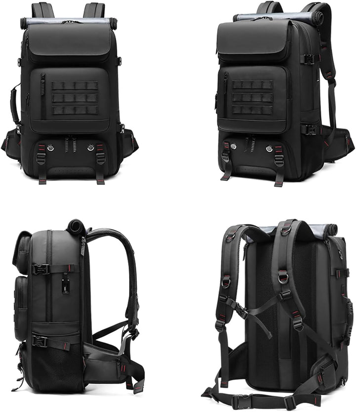 Large capacity 50L waterproof travel backpack for men & women, features shoe compartment & external USB charging.