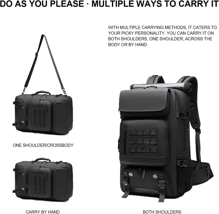 Durable 50L waterproof hiking & commuter backpack, includes shoe compartment, USB charging & laptop sleeve.
